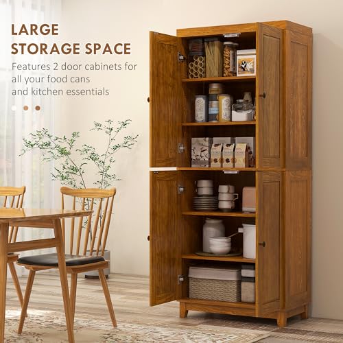 HOMCOM 72.5" Kitchen Pantry Storage Cabinet, Freestanding Kitchen Cupboard with 4 Doors and Adjustable Shelves for Dining Room, Pine Mahogany