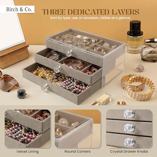 Image of Birch & Co. Jewellery Box - 3 Layer Jewellery Organizer Storage Box, Portable Travel-Friendly Storage. Elegant Storage Case for Rings, Earrings, Necklaces & Bracelets, Grey