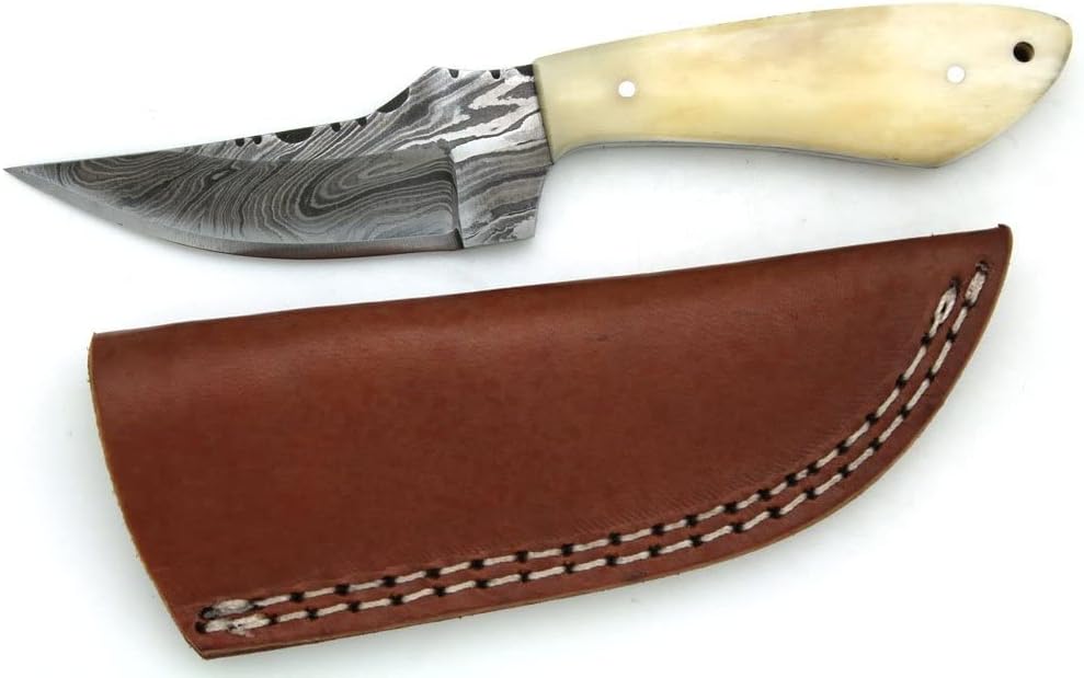 Wild Turkey Handmade Damascus Steel Collection Full Tang Bone Handle Fixed Blade Knife w/Leather Sheath Outdoors Hunting Camping Fishing (2)