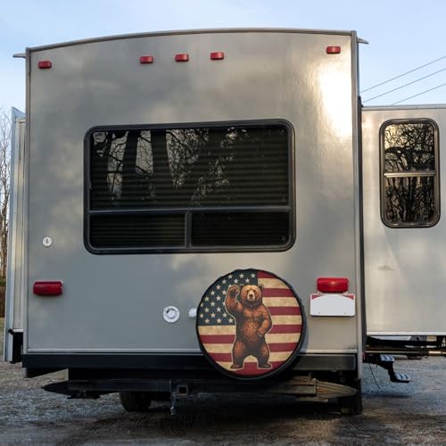 Image of Brown Bear American Flag Spare Tire Cover Dust-Proof Wheel Tire Cover Fit Trailer, RV, SUV and Many Vehicle 17 Inch