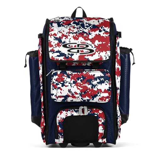 Boombah Rolling Catchers Superpack Baseball/Softball Gear Bag - PS-9124-3000C23 Digital Camo Navy/Red- Telescopic Handle and Holds 4 Bats - Wheeled Version
