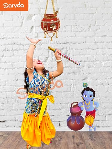 Image of Sarvda Krishna & Radha Dress for Kids - Complete Janmashtami Costume Sets with Dhoti /Lehenga, Mukut, Mor Pankh, Bansuri & Accessories | Fancy Dress for Baby Boys & Girls