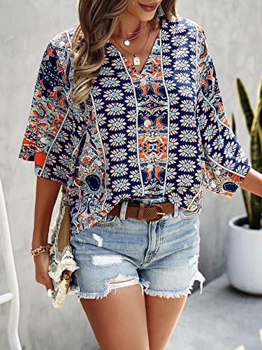 SOLY HUX Women's Boho Print V Neck 3/4 Bell Sleeve Button Front Summer Blouse Top3