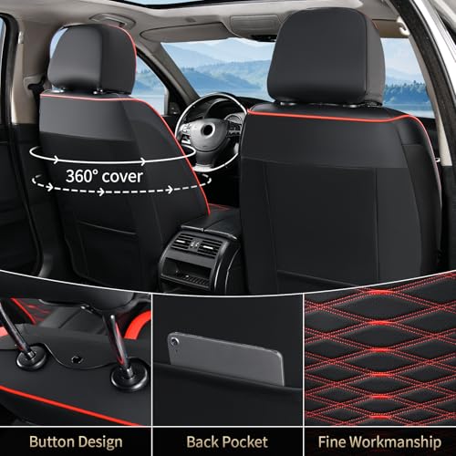Image of FLORICH Leather Seat Covers, Car Seat Covers Full Set, Car Seat Protector Waterproof, Front and Rear Seat Covers for Cars, Automotive Seat Covers Universal Fit for Most Cars SUV Truck - Red&Black