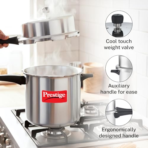 Image of Prestige 12 Litre Aluminium Popular Outerlid Pressure Cooker | Virgin Aluminium| Gas Compatible|Controlled Gasket Release System|5 years warranty|ISI Certified