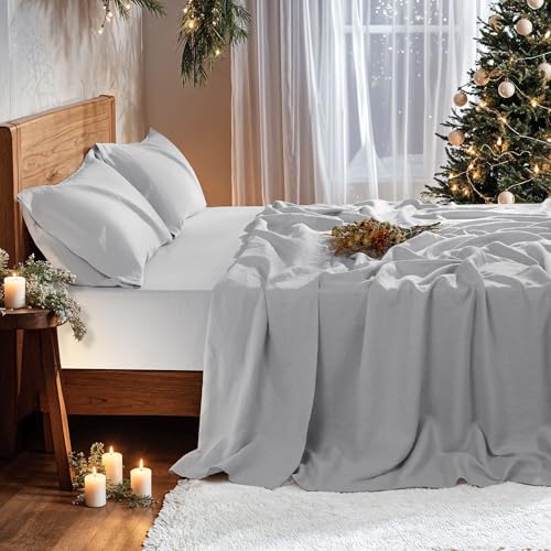 Image of 100% Linen Sheet Set Breathable Natural Linen Sheets 4Pcs Full Size, Bedding Set Deep Pocket Up to 16 inch Soft Sheet