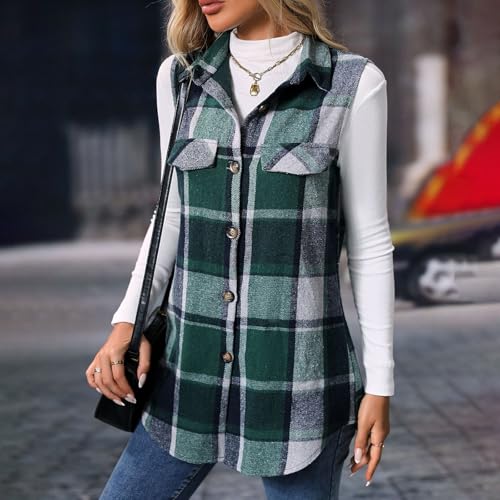 Trendy Plaid Vest for Women Casual Lapel Button Down Sleeveless Cardigan Fall Jacket Fashion Coat with Pockets3