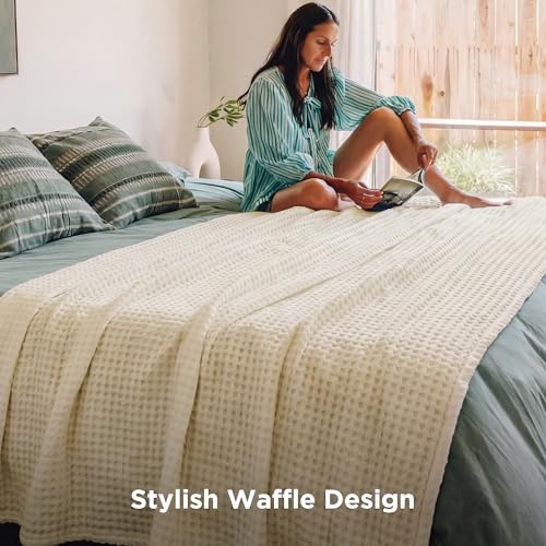 Image of Bedsure Cooling Waffle Rayon Derived from Bamboo King Blanket,104x90 Inches | Summer blanket for hot sleepers, Breathable lightweight cotton rayon derived from bamboo blanket for bed couch sofa, Natural