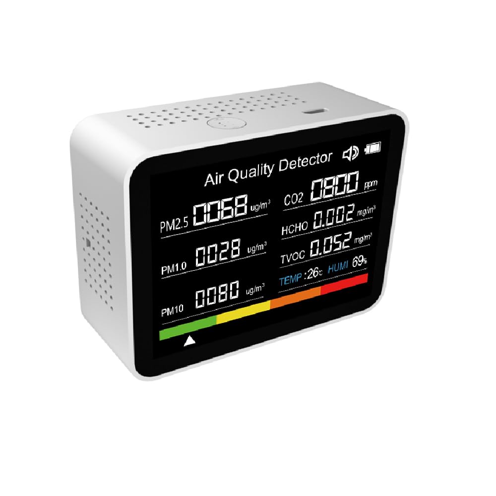 Cocoarm Misuratore di CO2 per Monitor della qualità dell'aria con Custodia in ABS Rilevamento 8 in 1 Allarme LCD da 400 a 6000 PPM Batteria Ricaricabile per Uso Interno in Auto per la Scuola e