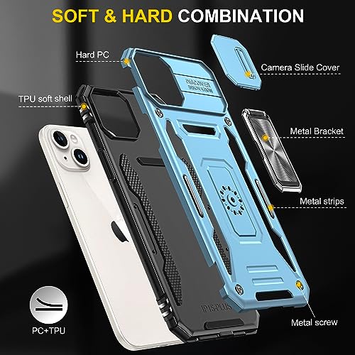 Image of Polycarbonate Slide Camera Cover with Ring Holder Mobile Phone Back Cover for iPhone 15 Plus (Blue)