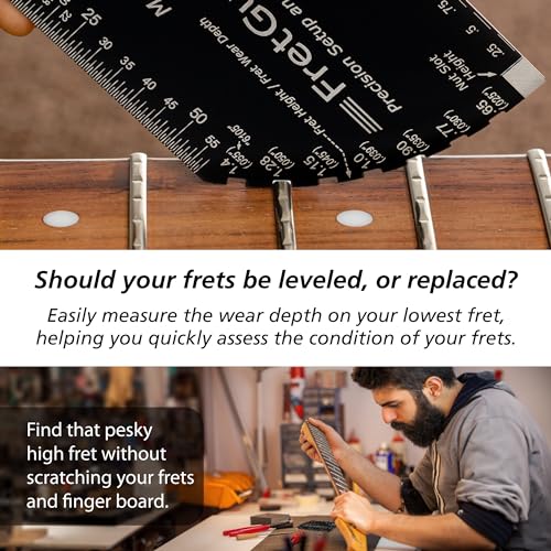 Image of FretGuru METRIC+ 8-in-1 String Action Gauge Guitar Fret Ruler Precision Fret Rocker - Precise CNC Machined, Diamond Honed, Polished Edge Guitar String Height Gauge - Luthier Tool with Leather Case