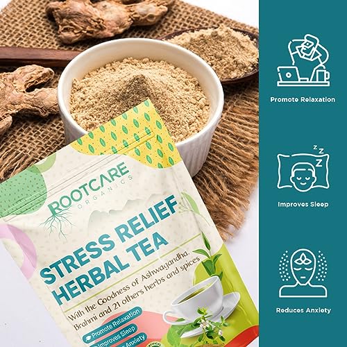 Image of Rootcare Organics Stress Relief Herbal Tea loose leaves | Ashwagandha, Brahmi & 21 Ayurvedic Herbs leaf | Natural Relaxation & Sleep Support | Reduces Anxiety | 100% Organic | Pack Of 1 Month | 100g