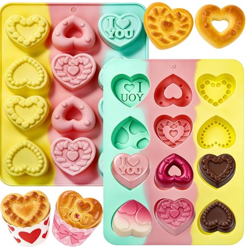 2PCS Heart Silicone Molds for Chocolate, Candy, Wax - 12 Cavities Each, 6 Love Designs, Non-Stick Food Grade Fondant Mold for Valentine's Day Gift, Baking, Ice Cube, Resin Crafts, Soap, Candle Making