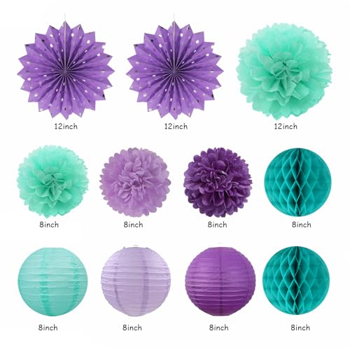 Image of Teal-purple Lavender Girl Mermaid-birthday Party-decorations - 21pcs Happy Banner,Under The Sea Ocean Paper Lanterns Honeycomb Streamers,Tissue Pom Poms Flower Fan,Classroom Hanging Decor Huglony