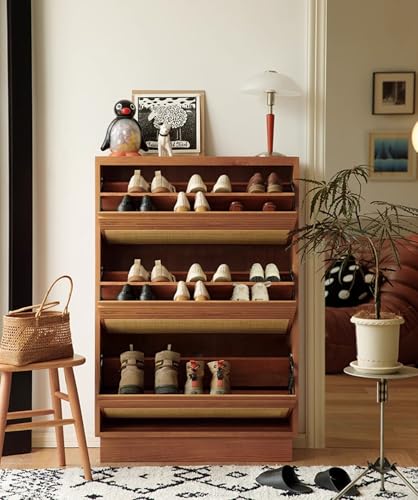 SHAZANZ Slim Woven Rattan Flip Shoe Cabinet with Half Round Doors, Wooden Natural Entry Cabinet for Sneakers Slippers, Large Capacity Accent Cabinet for Entrance Hallway - Image 8