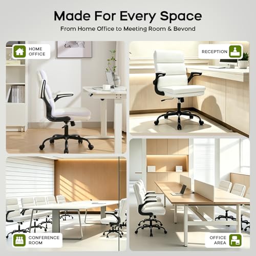 Office Chair Adjustable Desk Chair Mid Back Executive Comfortable Bonded Leather Ergonomic Back Support Home Computer Chair with Padded Flip-up Armrest Swivel Wheels (White) image 7