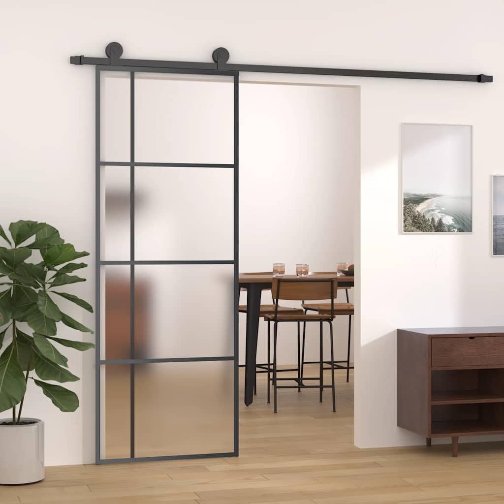 vidaXL Schiebetür Glasschiebetür Glastür SoftStop SoftClose Raumtrennung Innentür Zimmertür ESG Glas Aluminium mattiert 90x205cm Schwarz