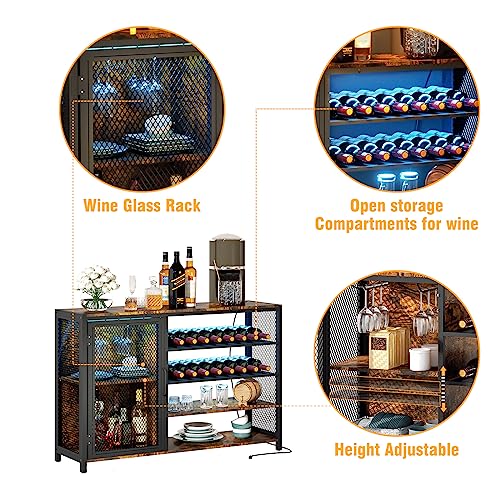 WASAGUN Bar Cabinets for Home,LED Coffee Bar with Power Outlets,47 Inch Sideboard,Industrial Liquor Cabinet with Wine Rack and Glass Holder,Kitchen,Dining Room,Brown