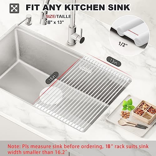 MERRYBOX Roll Up Dish Drying Rack, Silicone Wrapped Over The Sink Dish Rack Foldable Dish Drainer Anti-Slip Dish Racks for Kitchen Counter, Multipurpose Kitchen Sink Drying Rack, 18" x 13", White by MERRYBOX - Image 2