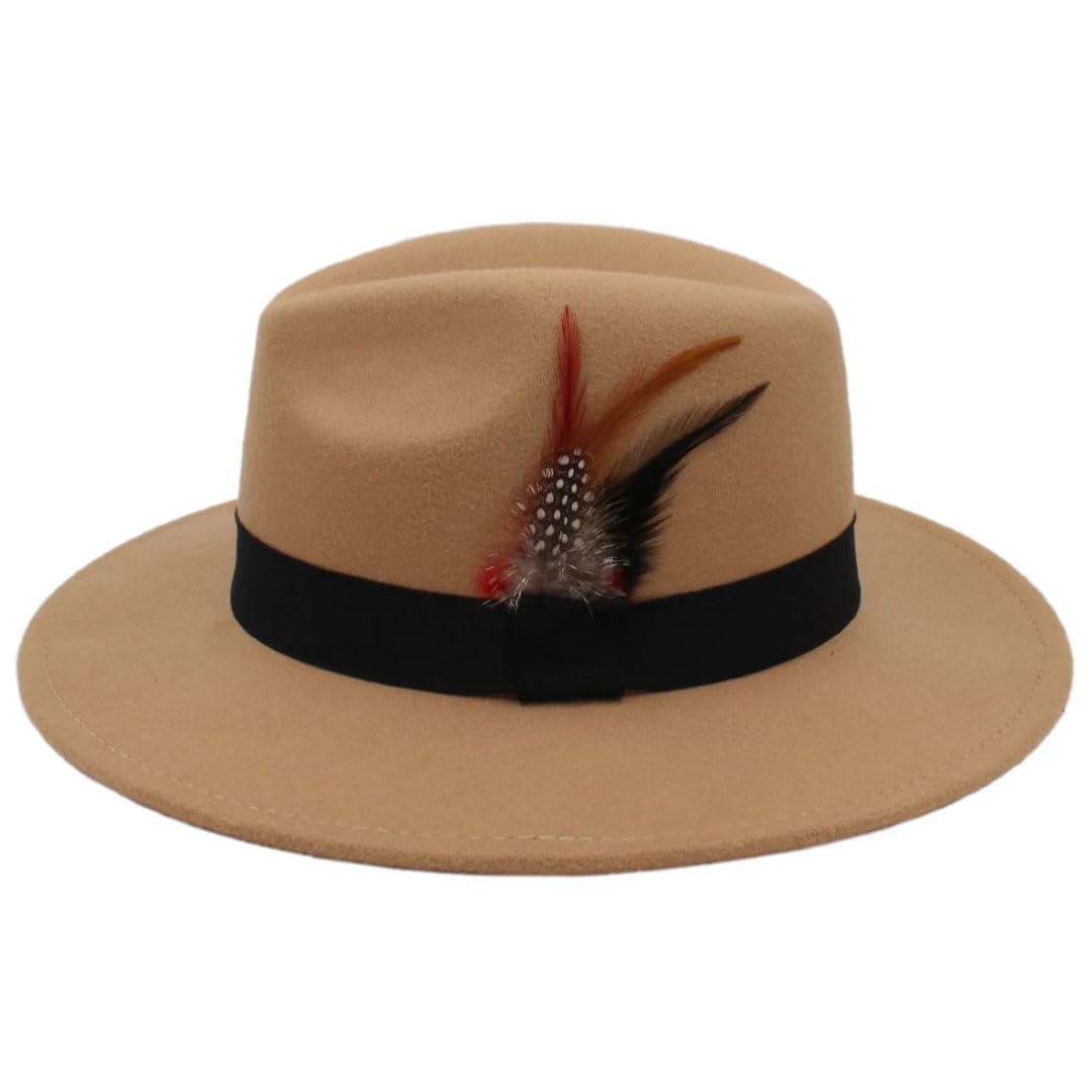 Cappelli Panama in lana da uomo e da donna, a tesa larga, con fascia con piume, stile classico per feste