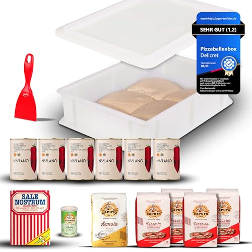 DELICRET - Starter - Kit deluxe | 6x Nolano San Marzano DOP + 1x Meersalz fein | 4x Caputo Pizzeria + 1x Semola + 1x Trockenhefe + 1x Pizzaspachtel + 1x Pizzaballenbox mit Deckel & Flyer