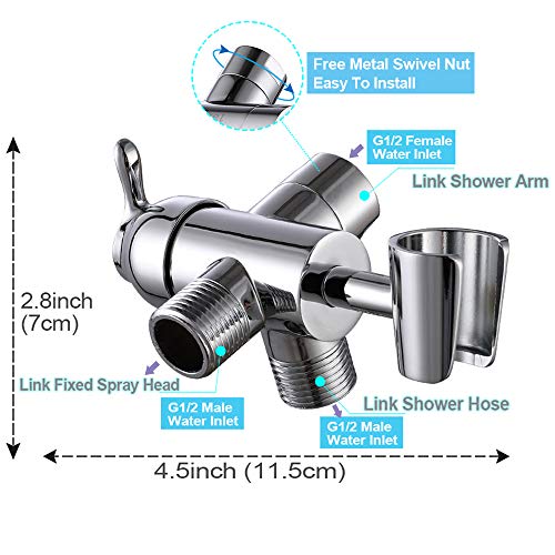 Shower Arm Diverter 3 Way with Handheld Shower Mount Bracket, G1/2 Universal Brass Shower Diverter Valve Bathroom Shower System Replacement for Hand Shower and Fixed Spray Head, Chrome Plated