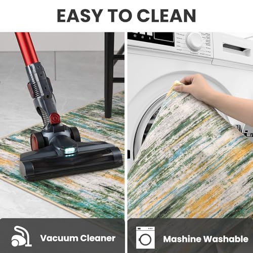 2x6 Green Teal Orange Multi Modern Abstract Runner Rug for Hallway, Super Soft Hallway Decor Kitchen Rugs with Non-Slip, Non-Shedding Washable Rug for Entryway Bedroom Laundry Indoor