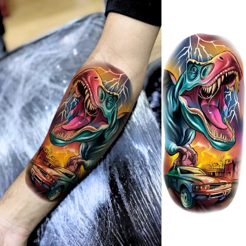 Image of VANTATY 12 Sheets Watercolor Dinosaur Temporary Tattoos For Kids Men Women Adults Forearm Tattoo Sticker, Realistic 3D T-Rex Fake Tattoos For Boys Girls Teens Children Tattoos Long Lasting Waterproof