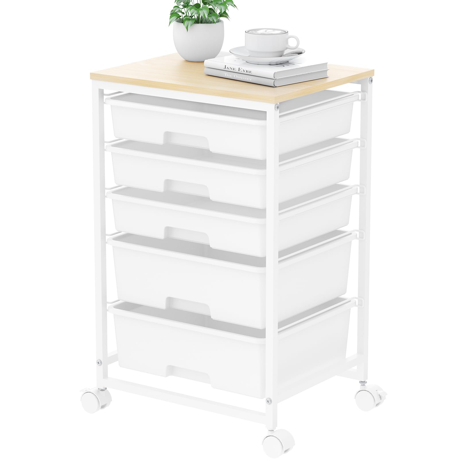 Utility Cart with 5 Drawers,Storage Drawer Cart with Wooden Tabletop and Lockable Wheels,Craft Storage Trolley Cart,5-Tier Rolling Utility Cart on Wheels,Bright White