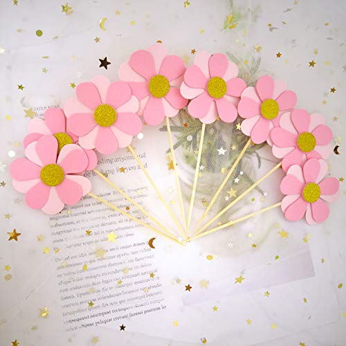 Honbay 24Pcs Pink Flower Cake Cupcake Toppers #TOP7