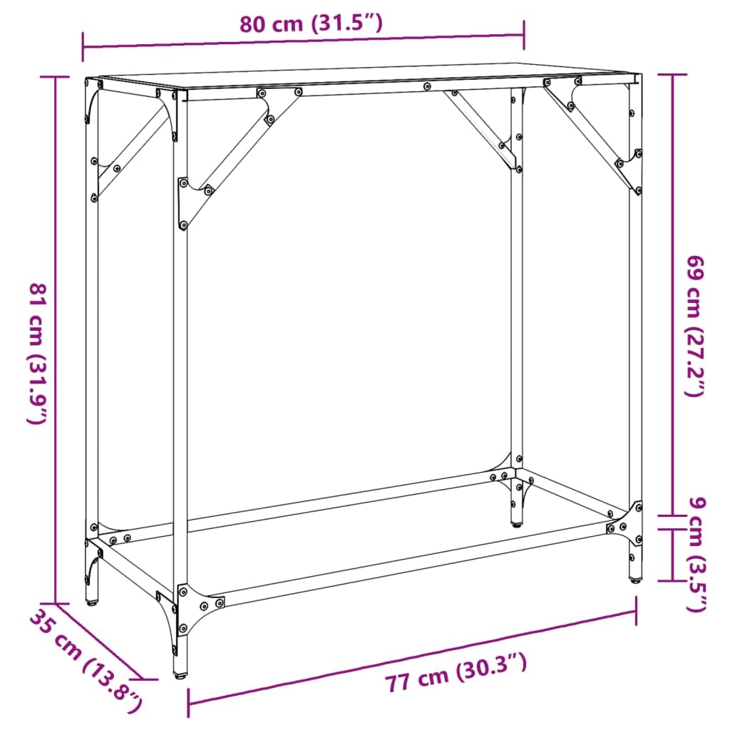 Konsole Tisch mit Glasplatte Schwarz 80x35x81 cm aus Stahl ideal für Flur Eingang Wohnzimmer Schlafzimmer platzsparend mit Wandhalterung, dekorativ und robust für Stauraum und Präsentation