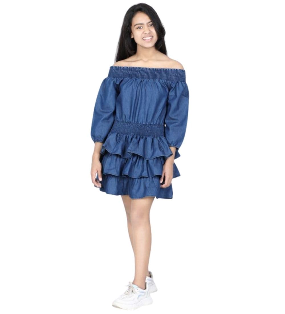 Buyer Junction Girl's Denim Solid Off Shoulder Dress (Blue, 13-14
