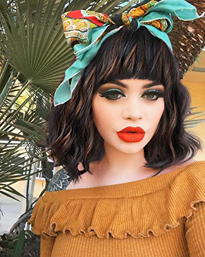 Stamped Glorious Short Wavy Wig with Bangs Mixed Blonde Shoulder Length Wigs Synthetic Lace Front Wig for Daily Cosplay Party (Mixed Blonde)