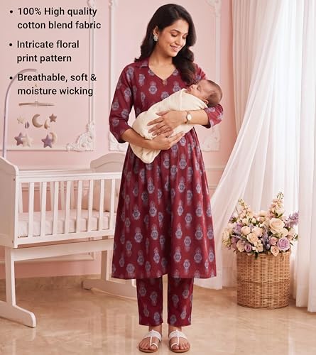 Image of DUMMY SHAPE Maternity Dresses for Women Cotton Rayon | Floral Kurta Pant Dupatta Set with Nursing Zippers to Pre & Post Partum | Feeding Kurtis | Mom to Be Gifts for Pregnant Woman