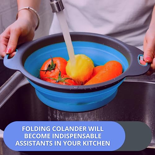 Yarrd 8H Round Silicone Blue Colander Collapsible – Foldable Kitchen Strainer Small Collapsible Colander Blue thumb #5