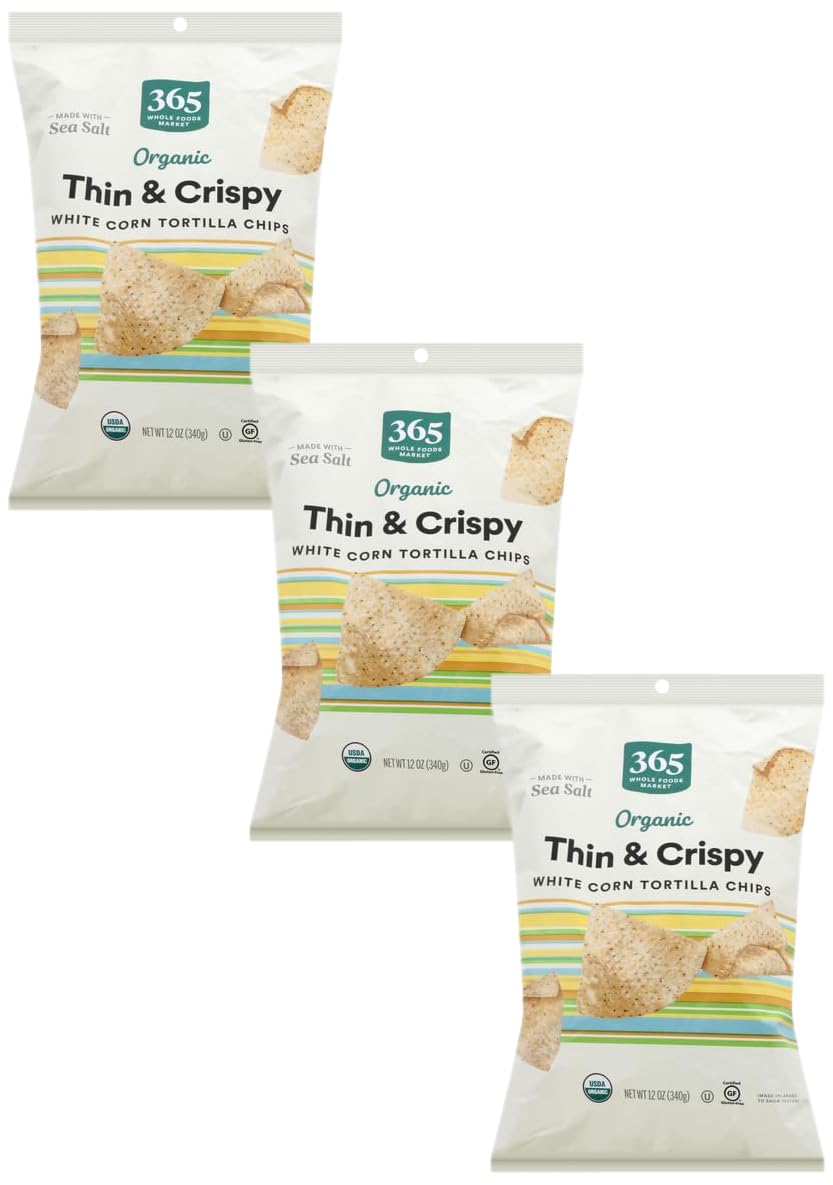 365 by Whole Foods MarketOrganic White Corn Tortilla Chips Thin and Crispy, 12 Ounce (Pack of 3)USDA Organic