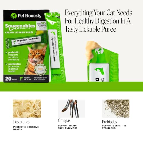 Image of Cat Probiotic Lickable Treats for Digestive Health - Squeezable Puree Pouches for Cats - Feline Constipation + Promotes Stool Regularity, Prebiotics Fiber Gut Flora Sensitive Stomach (Salmon, 20 Ct)