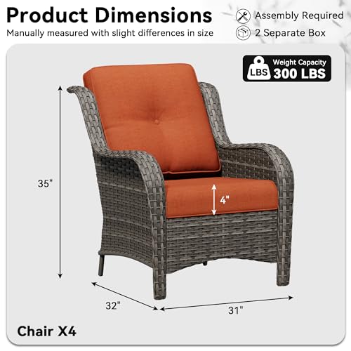 Image of 4 Piece Outdoor Wicker Patio Furniture Set, Patio Chairs Set of 4 with Thickened Olefin Cushions, High Back and Deep Seating, Hand-Woven PE Rattan for Porch, Deck, Orange