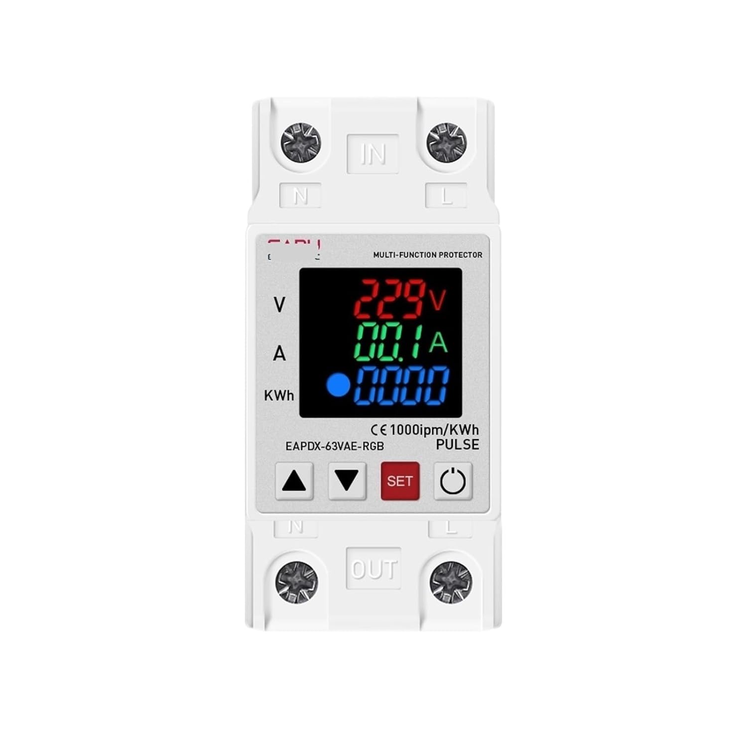 DIN Rail Dual Display Adjustable Overvoltage Current and Undervoltage Protection Device Protector Relay 63A 220V 230V KWH