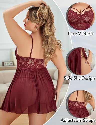 Image of Avidlove Plus Size Lingerie Lace Babydoll Womens Strap Chemise Nightgown V Neck Nighty Mesh Sleepwear Side Slit Nightdress