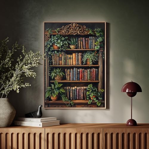 Tableau toile bibliothèque vintage déco rustique livre ancien plantes