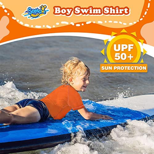 Image of Boys Rash Guard Short Sleeve, Orange UPF 50+ Sun Protection Rashguard Slim Fit Swim Shirt Fishing Surf Quick Dry Cool Beach Clothes for Toddler Youth Kids Size 5-6 Years