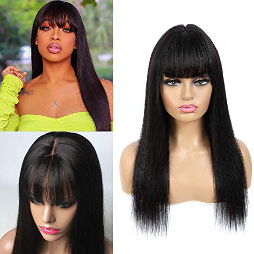 Human Hair Wigs with Bangs 150% Density 9A Brazilian Virgin Straight Human Hair None Lace Front Glueless Machine Made Wigs for Fashion Women Middle Part Natural color(18inch）