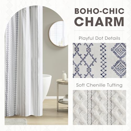 Image of INK+IVY Tufted Chenille 100% Cotton Shower Curtains Machine Washable, Modern Home Bathroom Decor Bathtub Privacy Screen, 72 inch W x 72 inch L, White /Navy (Pack of 4)