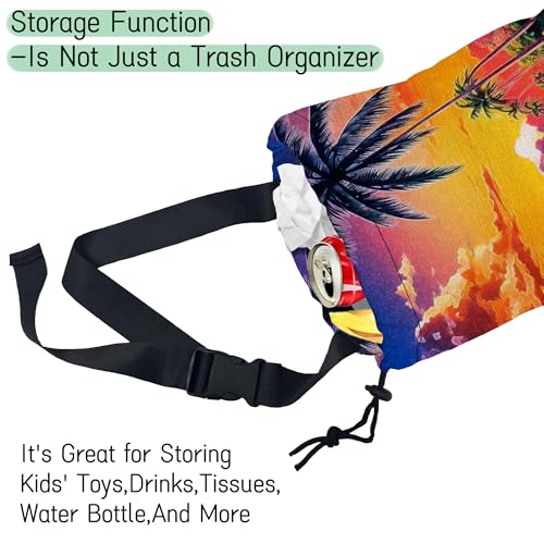 Image of Beach Sunrise Car Garbage Bag,Palm Tree Waterproof Small Car Trash Bag Hanging Back of Seat,Drawstring Hanging Car Trash Bag with Adjustable Buckle for Car Accessories