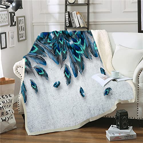 Couverture Polaire 240 x 260 Plume de Paon Bleu, Moelleuse Flanelle Couverture lit 2 Personnes en Microfibre, Plaid Canape Grande Taille, Réversible Couverture en Peluche Adulte Enfants Cover