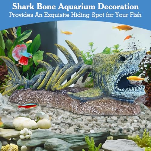 Image of kathson Fish Tank Decorations Resin Shark Skeleton Aquarium Decor Reptile Tank Accessories Ornament Fish Bone Hideout for Shrimp Lizards Geckos Spiders