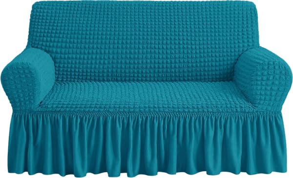 Image of Bails Sofa Cover 2 Seater Fully Covered | Sofa Cover 3 Seater Fully Covered | Sofa Cover 2 Seater | Universal Elastic Bubble Fabric with Frill Sofa Protector Cover (Turquoise, 2 Seater)