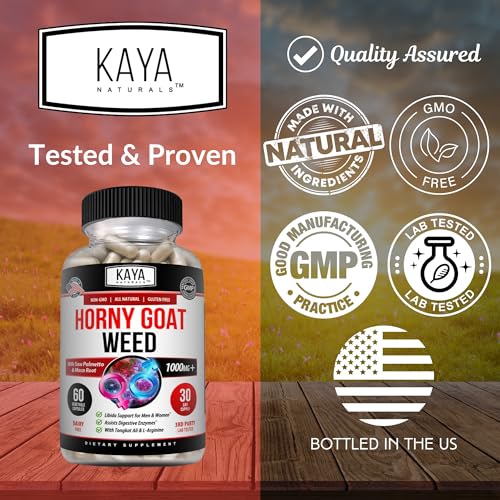 Kaya Naturals Horny Goat Weed Extract for Adult Enhancement - 1560mg Maca | Extra Strength Complex with Saw Palmetto Ginseng, Arginine Libido Enhancing Vitamin Supplement | Horny Goat Weed - 60 Count
