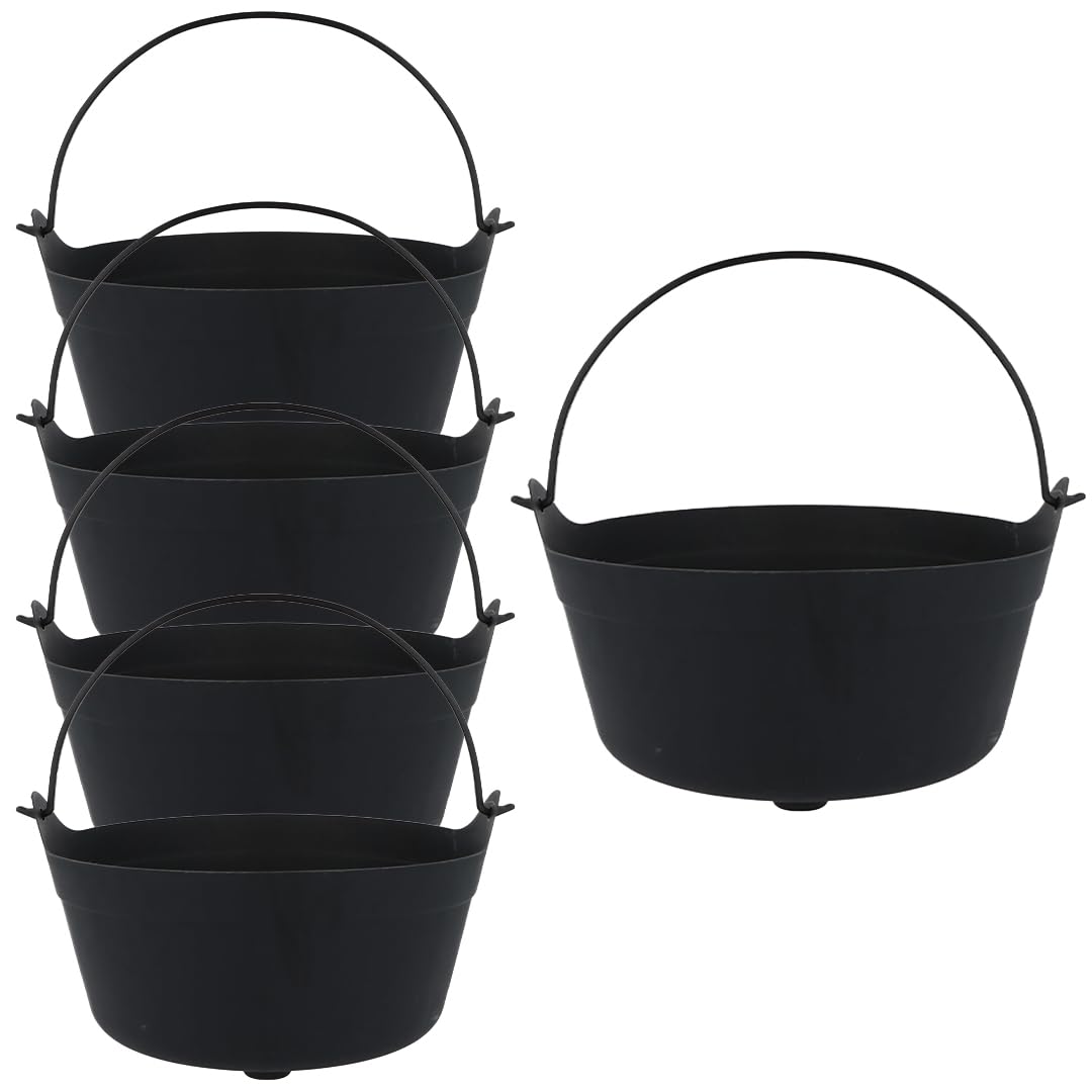 PARTYRAMA.CO.UK Halloween Black Plastic Cauldrons 24cm Pack of 5 – Witch Cauldron Party Decoration, Trick or Treat Candy Bowl, Spooky Centrepiece for Halloween Party Supplies